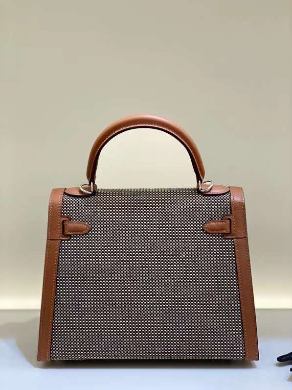 HERMÈS KELLY 25 SELLIER QUADRILLE SESAME SWIFT AND CANVAS PALLADIUM HARDWARE