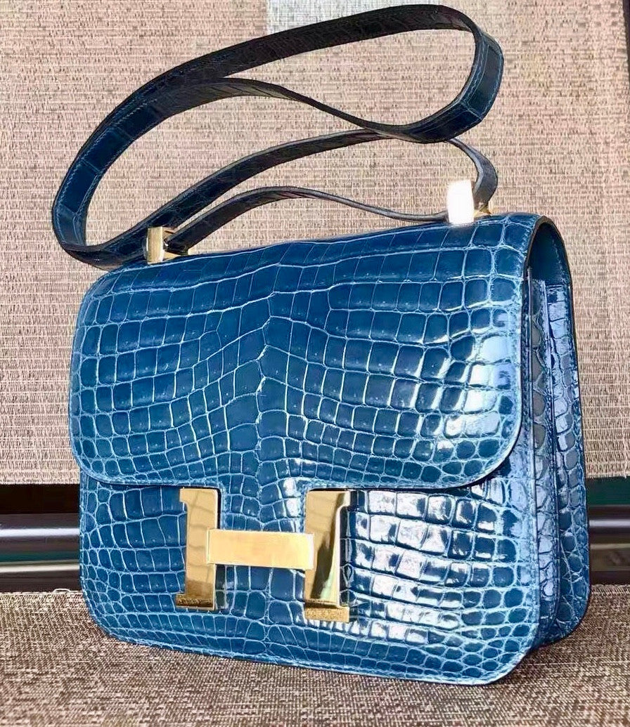Hermes 1P Duck Blue Constance 24 Niloticus Crocodile with Gold Hardware