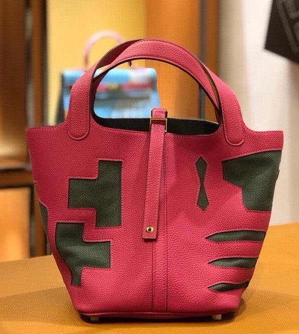 Hermes Petit H Limited Edition Rose Shocking/Peppermint Green Picotin Lock 22 Togo Leather Bag