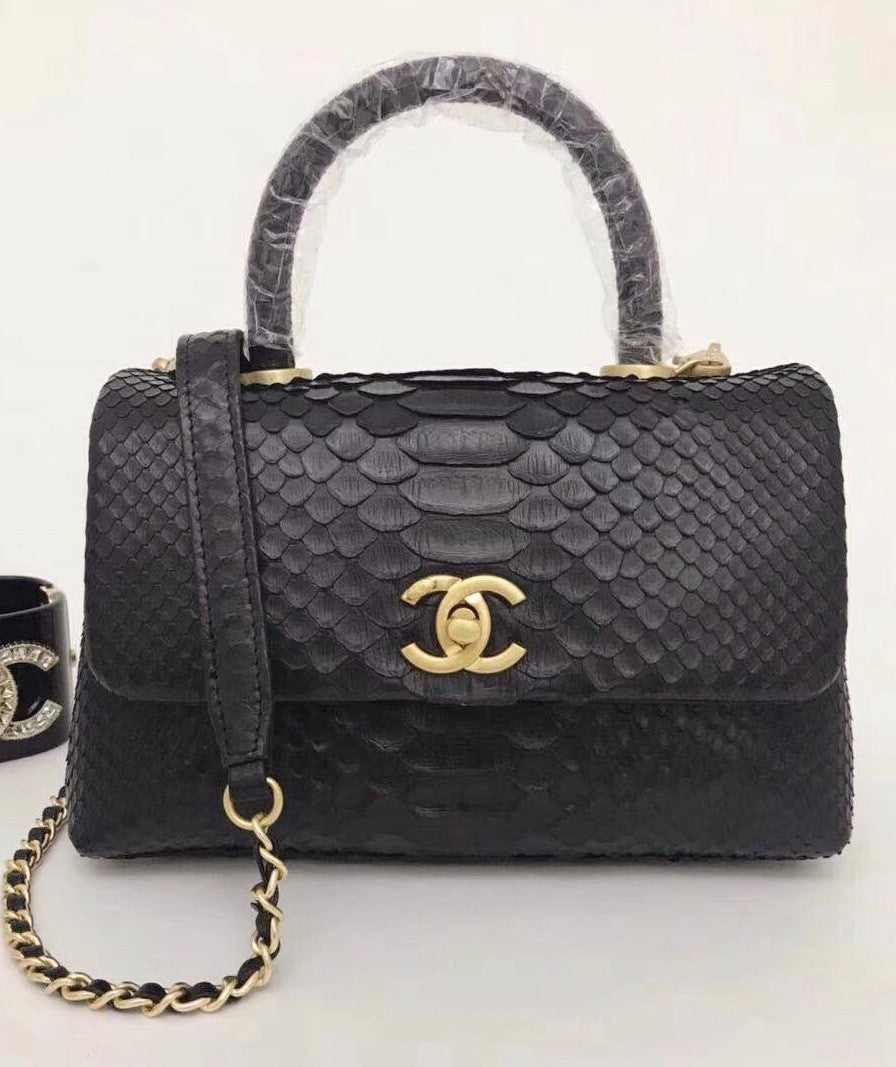 Chanel Small Black Python Flap Bag With Top Handle