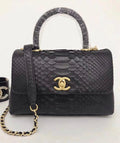 Chanel Small Black Python Flap Bag With Top Handle