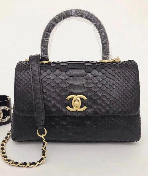 Chanel Small Black Python Flap Bag With Top Handle
