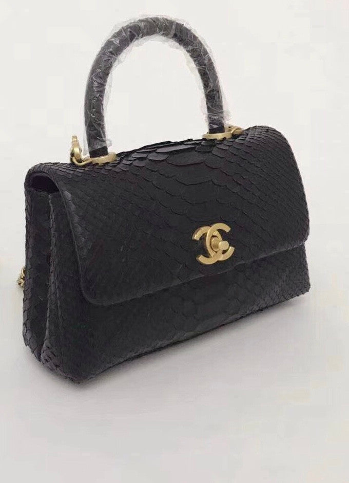 Chanel Small Black Python Flap Bag With Top Handle