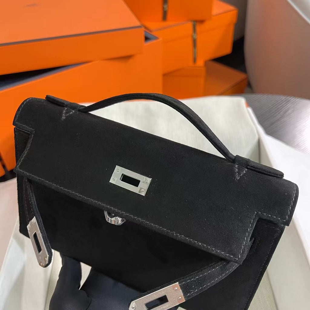 Hermès Kelly Pochette Black Doblis Suede Bag