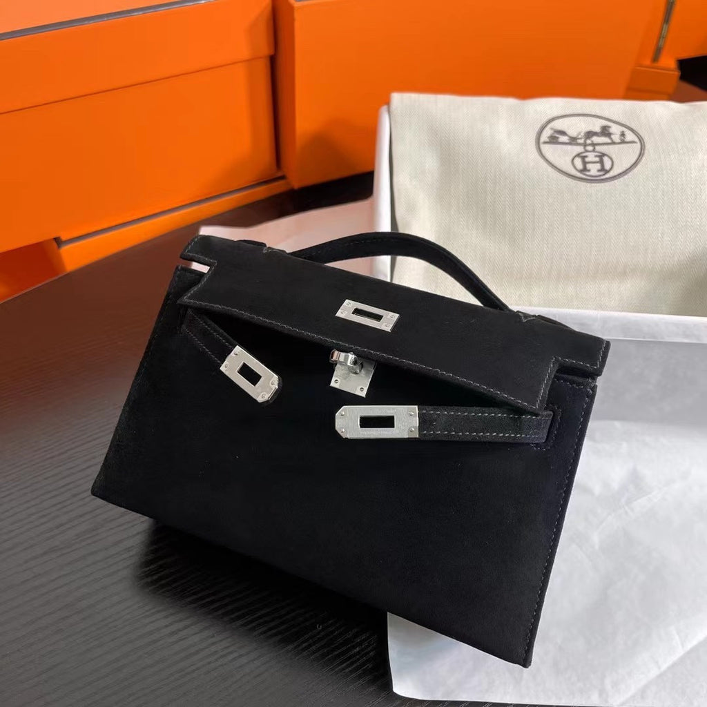 Hermès Kelly Pochette Black Doblis Suede Bag