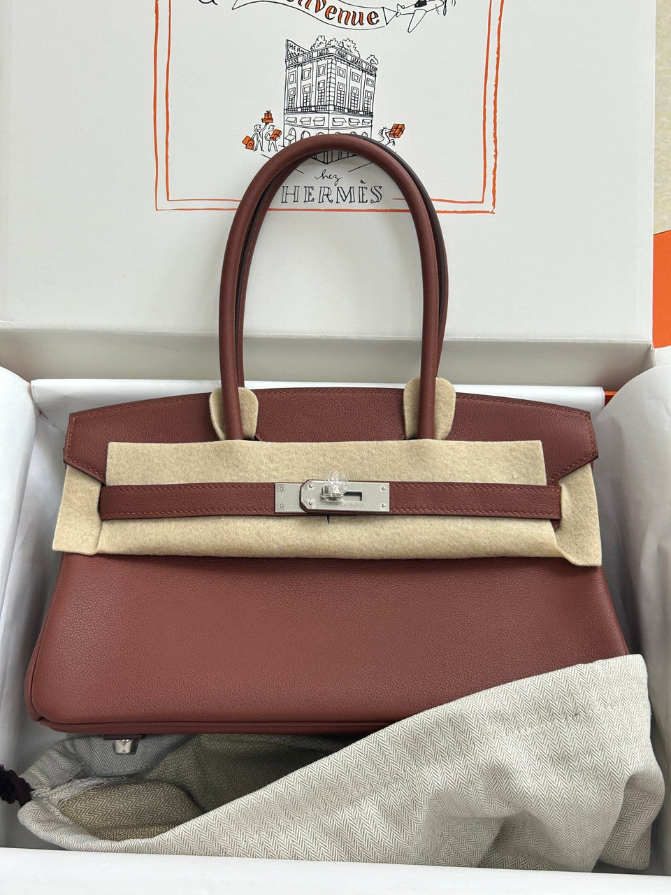 Hermes new Mini Shoulder Birkin 29 Brique Swift with Palladium Hardware