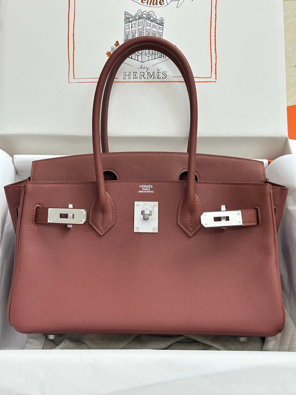 Hermes new Mini Shoulder Birkin 29 Brique Swift with Palladium Hardware