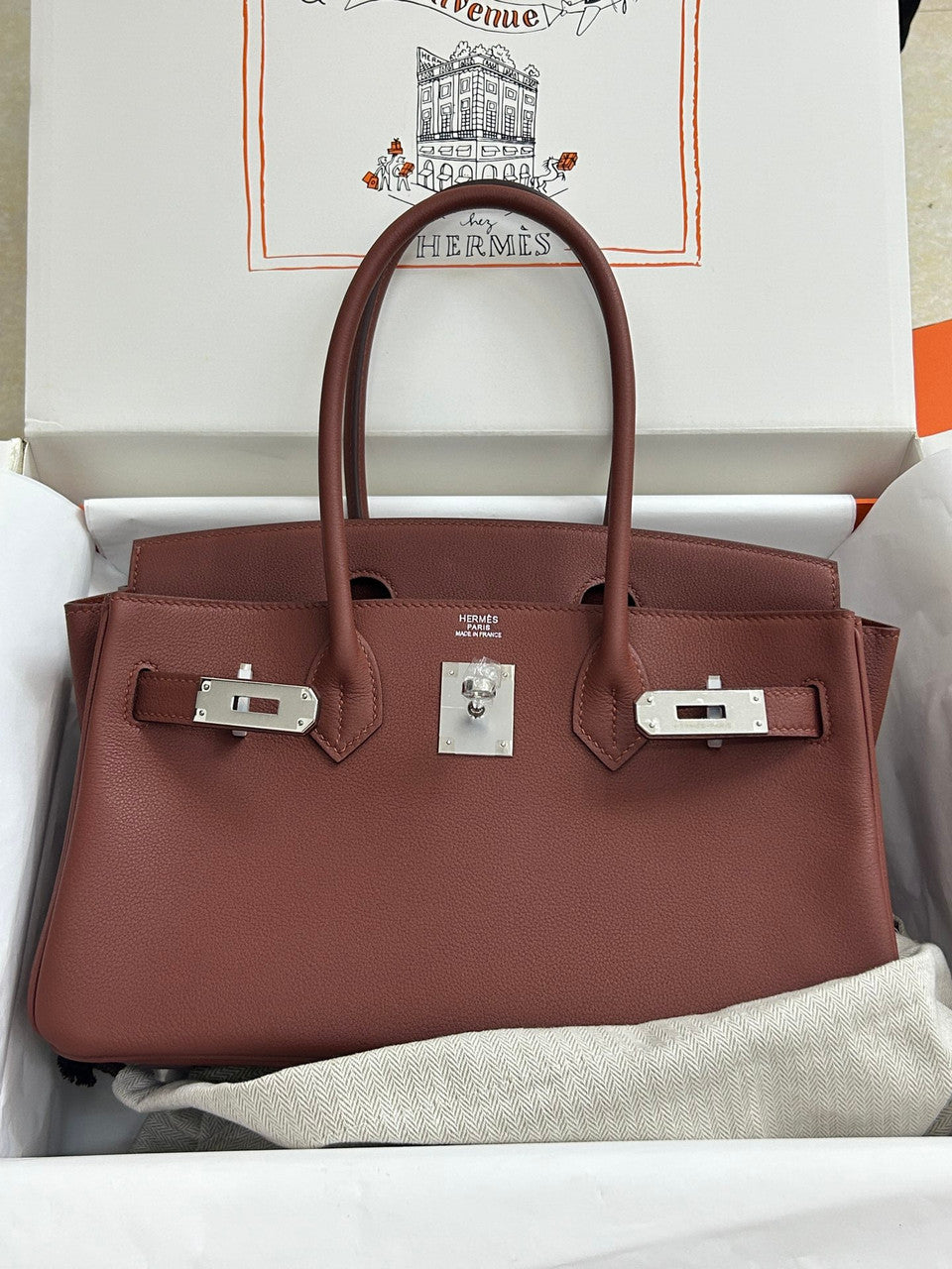 Hermes new Mini Shoulder Birkin 29 Brique Swift with Palladium Hardware