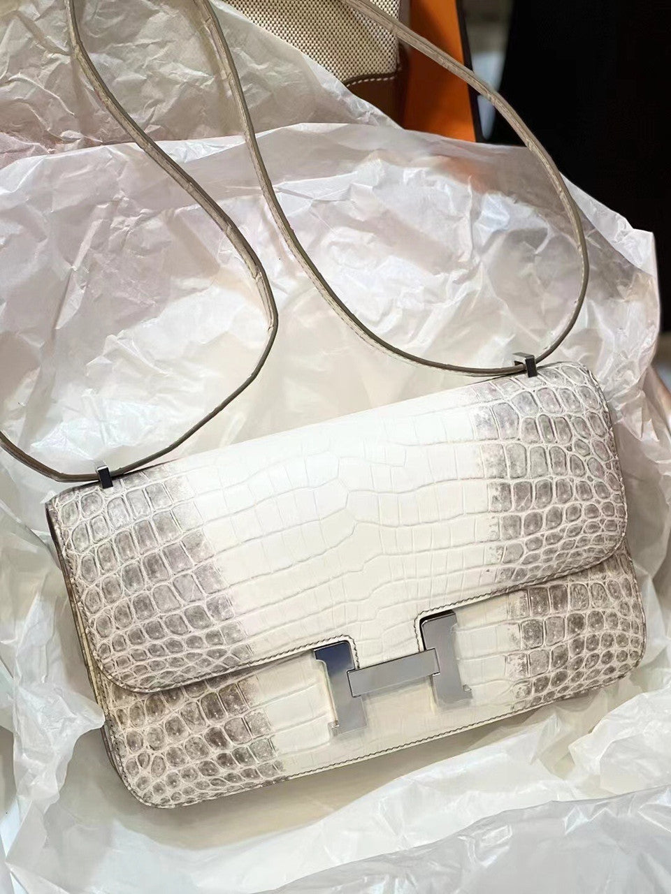 Hermès White Matte Niloticus Crocodile Himalaya Constance 24 Palladium Hardware
