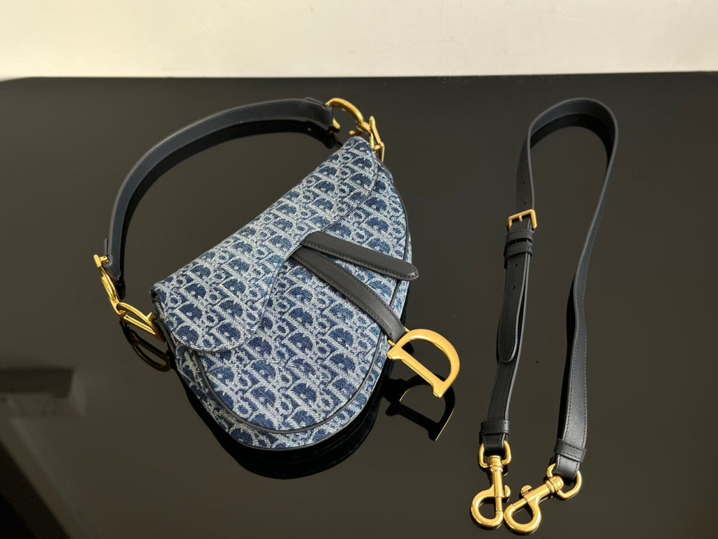 Christian Dior Saddle Bag with Strap  Blue Denim Dior Oblique Jacquard