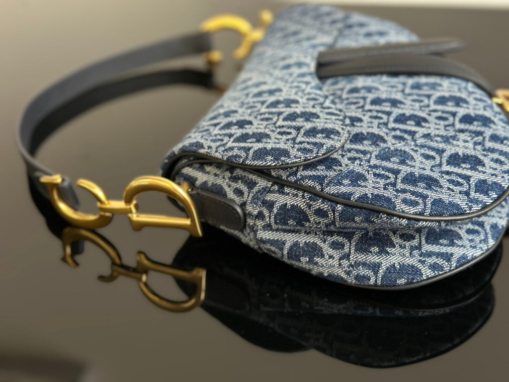 Christian Dior Saddle Bag with Strap  Blue Denim Dior Oblique Jacquard