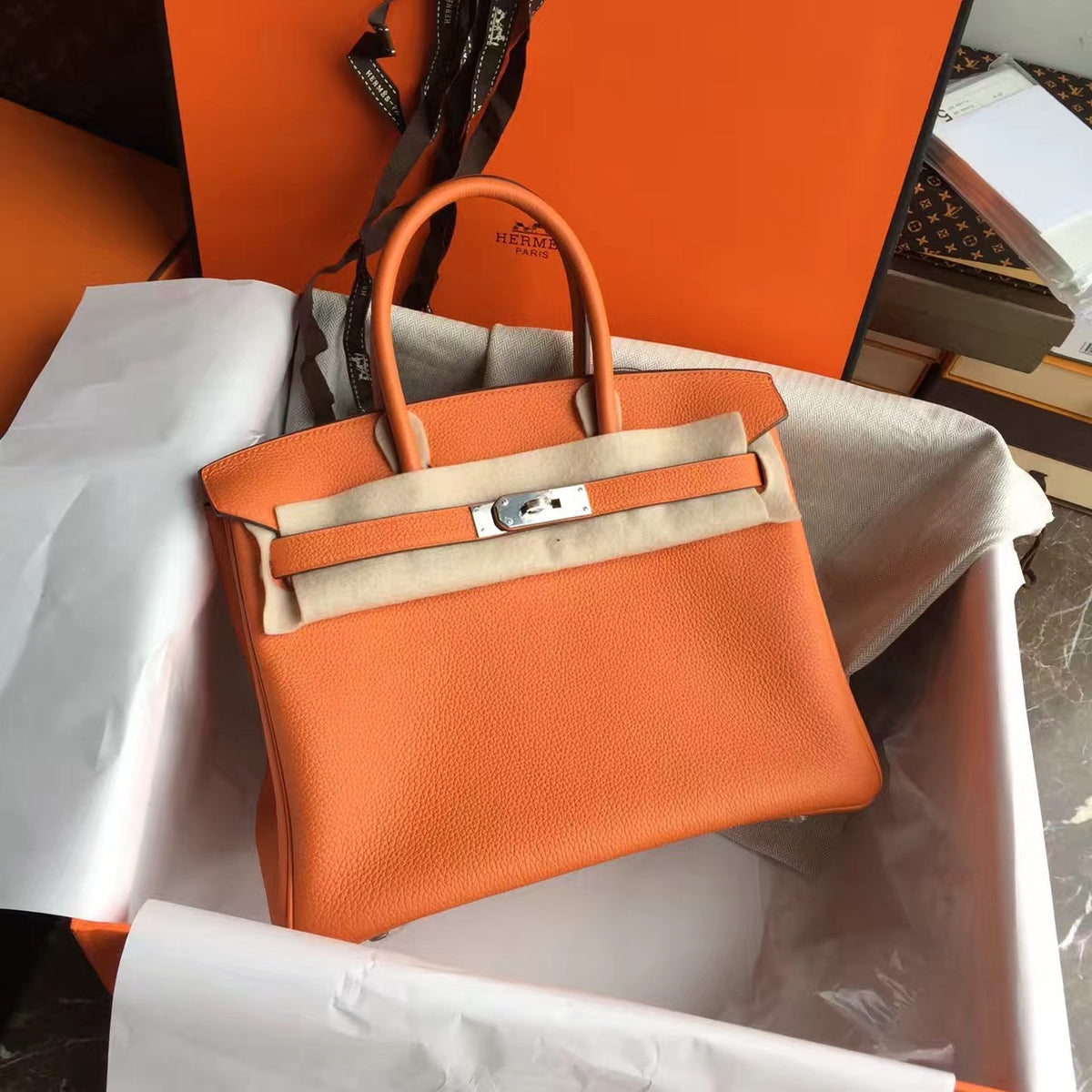 Hermes Orange Birkin Bag 25cm Palladium Hardware
