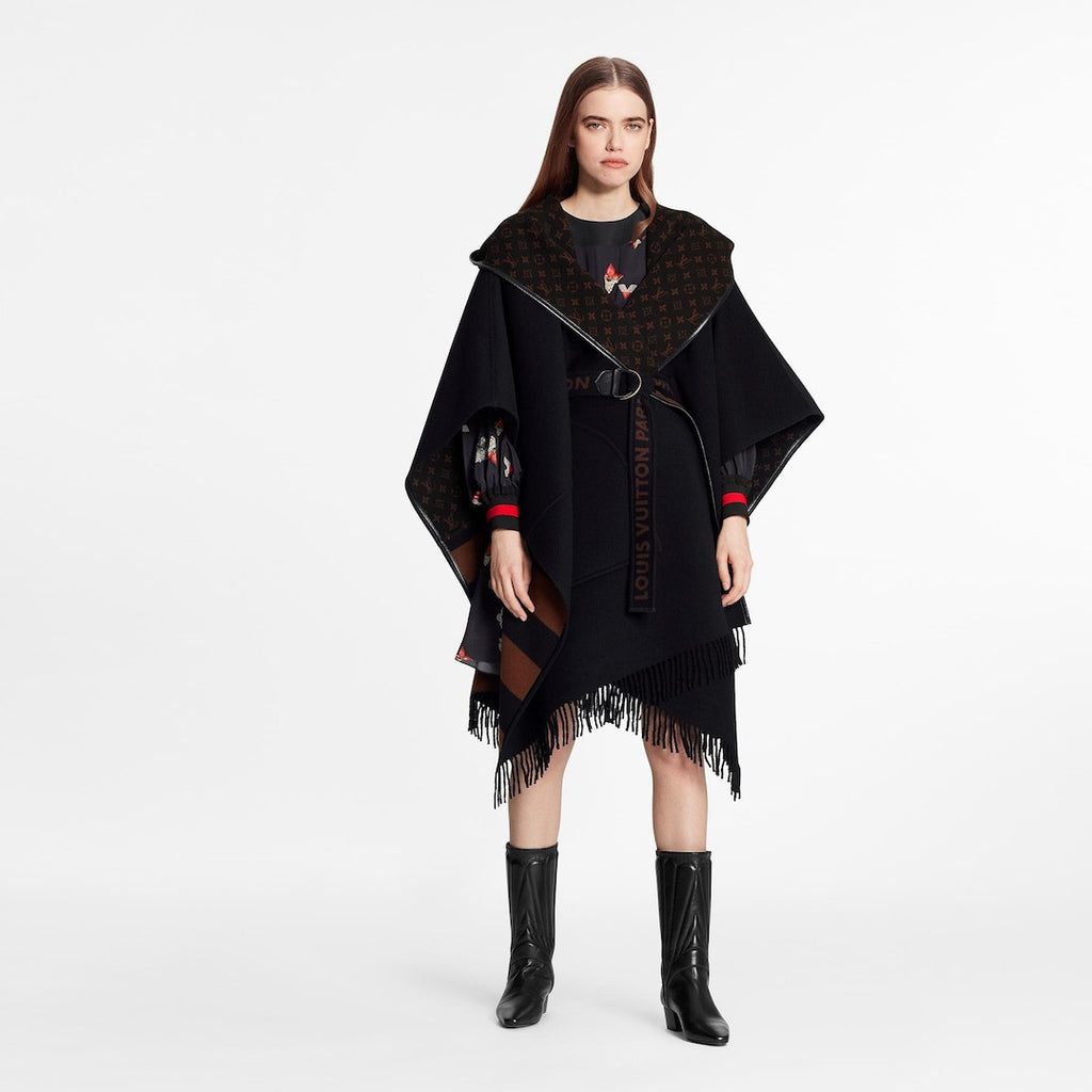Louis Vuitton 1A83TO  HOODED WRAP CAPE COAT IN WOOL AND SILK WITH FRINGE